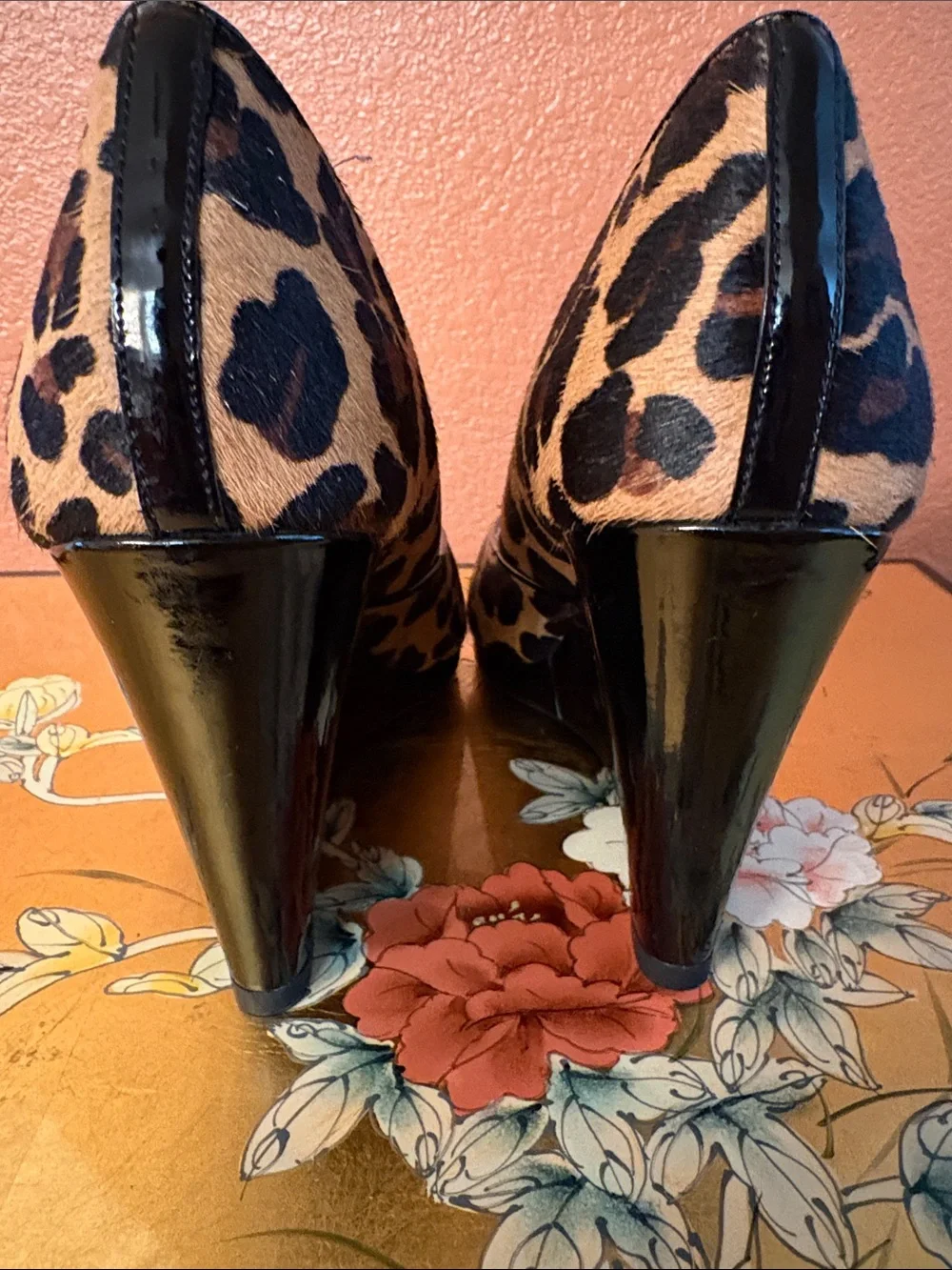BCBG Leopard Print Peep-Toe Wedges with Black Trim
